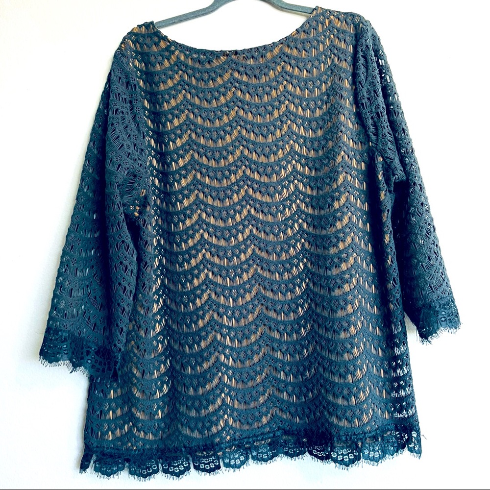 Plus size gray lace top.  Elegant and chic with jeans or business pants.